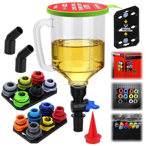 18-Piece Engine Oil Funnel Kit, 1.59QT/1.5L Automotive Oil Funnel Set with 12 Adapters, Elbow Fitting, Arrow Screen and Magnetic Storage Hooks Tray, Compatible with GM, Ford, BMW, Audi, Land Rover Etc, Best Engine Oil Funnel