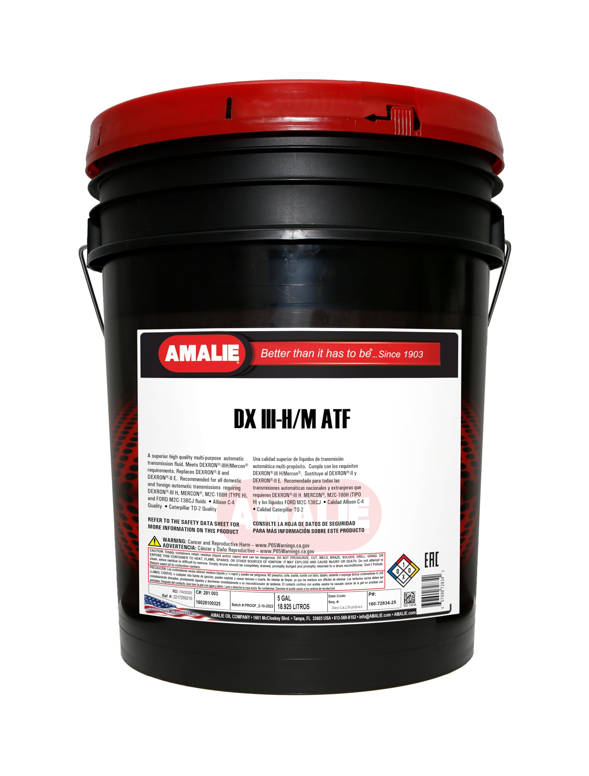 AMALIE DX-III H/M Automatic Transmission Fluid (160-72834-25) 5 Gallon Pail | Made in USA