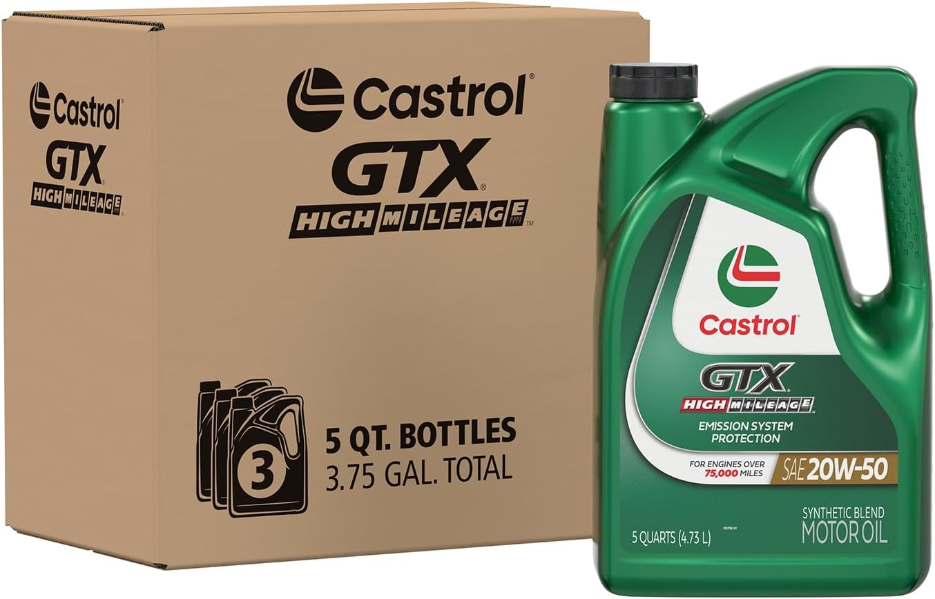 Castrol GTX High Mileage 20W-50 Synthetic Blend Motor Oil, 5 Quarts, Pack of 3