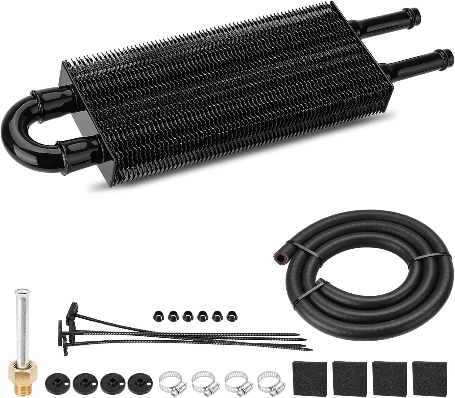 FILTERUP Upgrade 2 Pass Aluminium Transmission Oil Cooler, 5/16" Universal 2 Rows Tube And Fin Cooler Kit Engine With Hose Mounting, Black