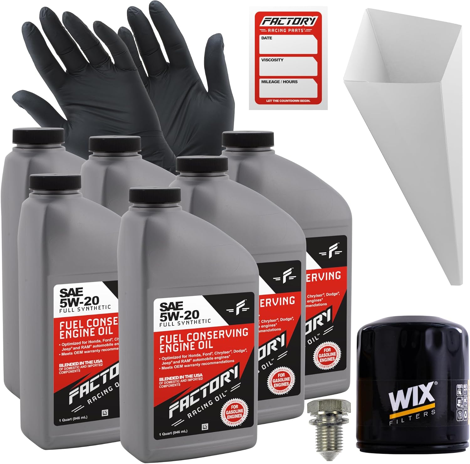 Factory Racing Parts Oil Change Kit Compatible with Ford Focus RS 2.3L 2016-2018/ST 2.0L 2013-2018, Crown Victoria 4.6L 2009-2011 5W-20 Full Synthetic Oil - 6 Quarts