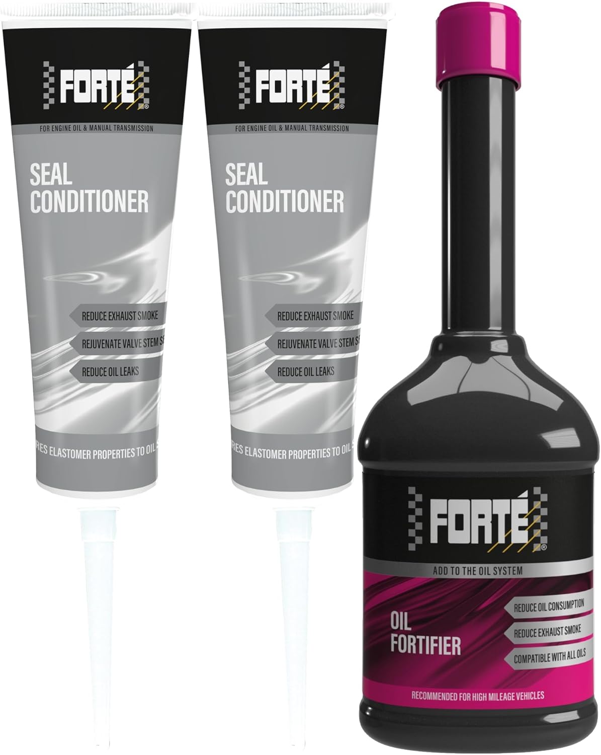 Forte Seal Conditioner & Forte Oil Fortifier 3 Pack | Engine Oil Stop Leak & High Mileage Oil Additive Kit for Engines Over 2 Liters | Helps Reduce Blue Smoke, Oil Burning & Minor Oil Leaks