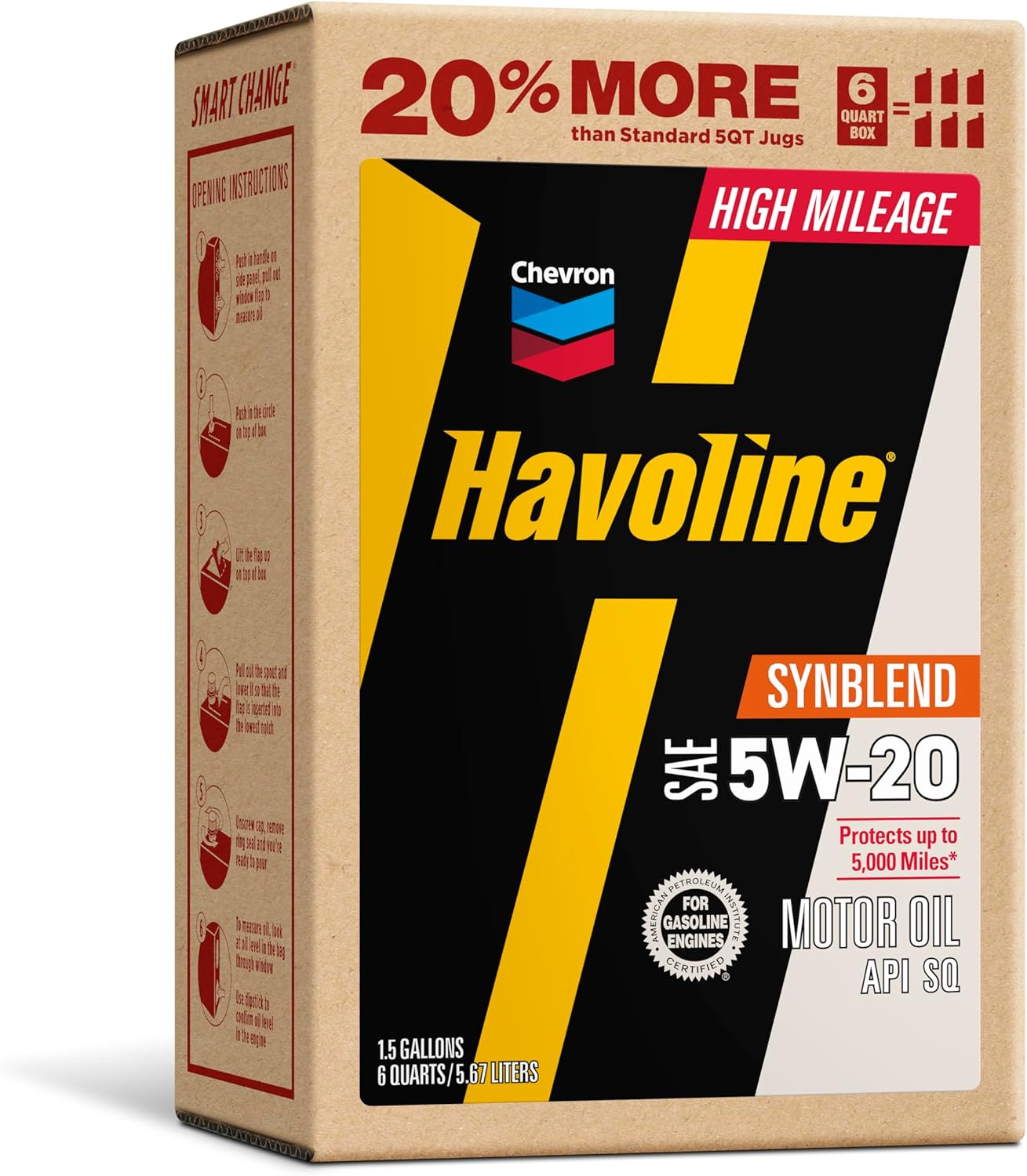 Havoline Motor Oil 5w20 High Mileage Synthetic Technology Smart Change Engine Oil, 5W-20, 6 Quarts, Pack of 1