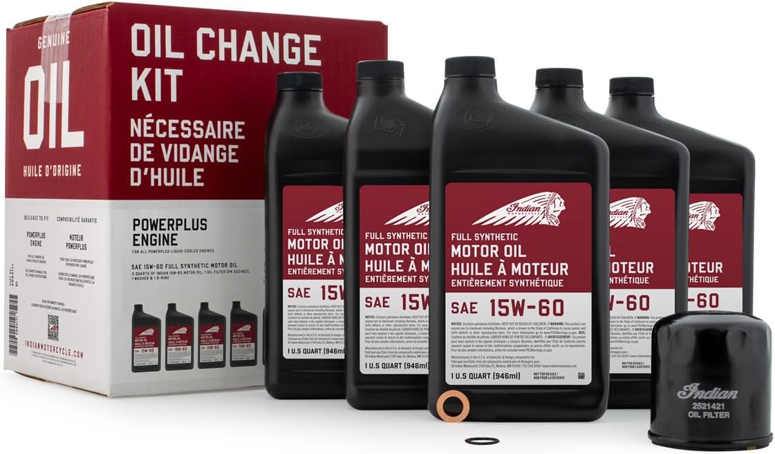 Indian Motorcycle Oil Change Kit for Specific Challenger and Pursuit Models With PowerPlus Engines, Includes 5 Quarts 15W-60 Full Synthetic Motor Oil, 1 Oil Filter, 1 Washer, 1 O-Ring - 2884171