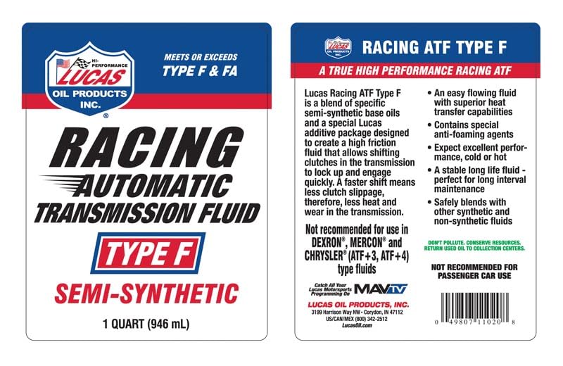 Lucas Oil 11020 Semi-Synthetic Racing Automatic Transmission Fluid Type F - 1 Quart (Pack of 6)
