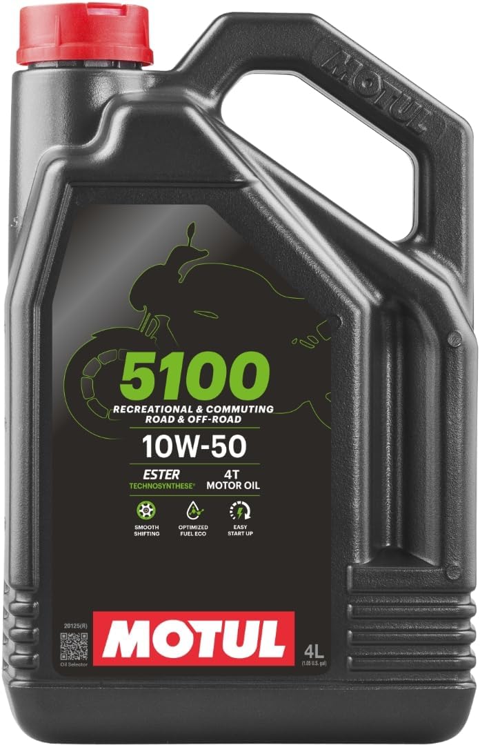 Motul 5100 4T 10W-50 Motorcycle Oil - Technosynthese Semi-Synthetic with Ester - API SP JASO MA2 Wet Clutch Safe - High Temp Engine and Gearbox Protection for Street ATV UTV 4 L