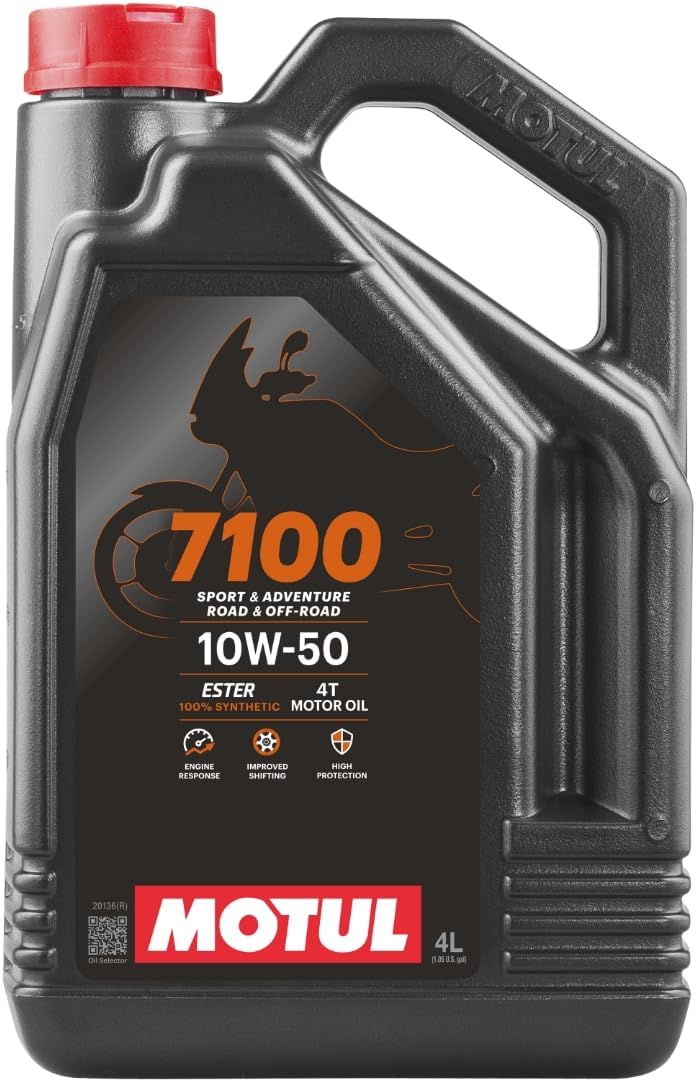 Motul 7100 4T 10W-50 Full Synthetic Motorcycle Oil, Ester Technology for KTM Husqvarna Triumph Aprilia Moto Guzzi, JASO MA2 Wet Clutch Compatible, API SP Certified, Road and Off-Road 4 L