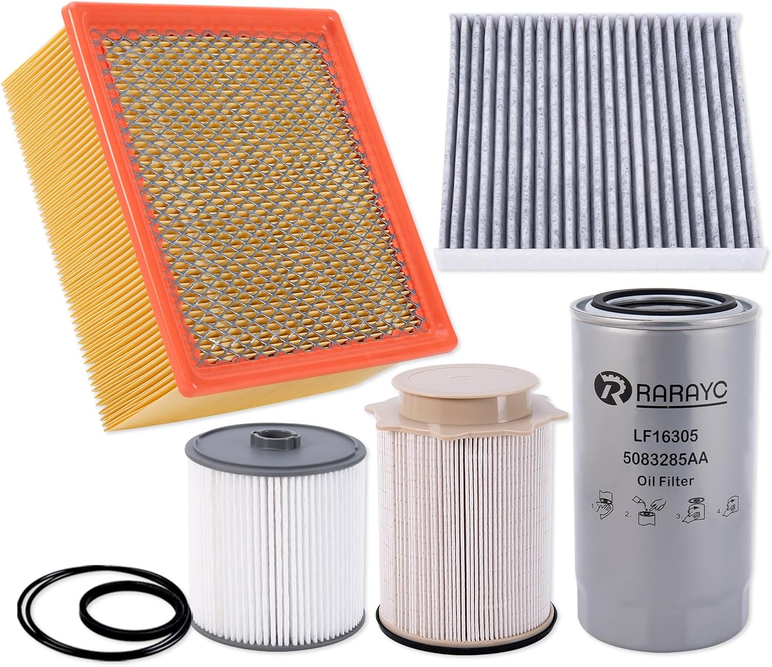 RARAYC 6.7L Cummins Fuel Filter Kit for 2019-2024 Ram Turbo Diesel Engines 68157291AA 68436631AA and Oil Filter 5083285AA Air filter 43034051AB Cabin Air Fitler 68406048AA