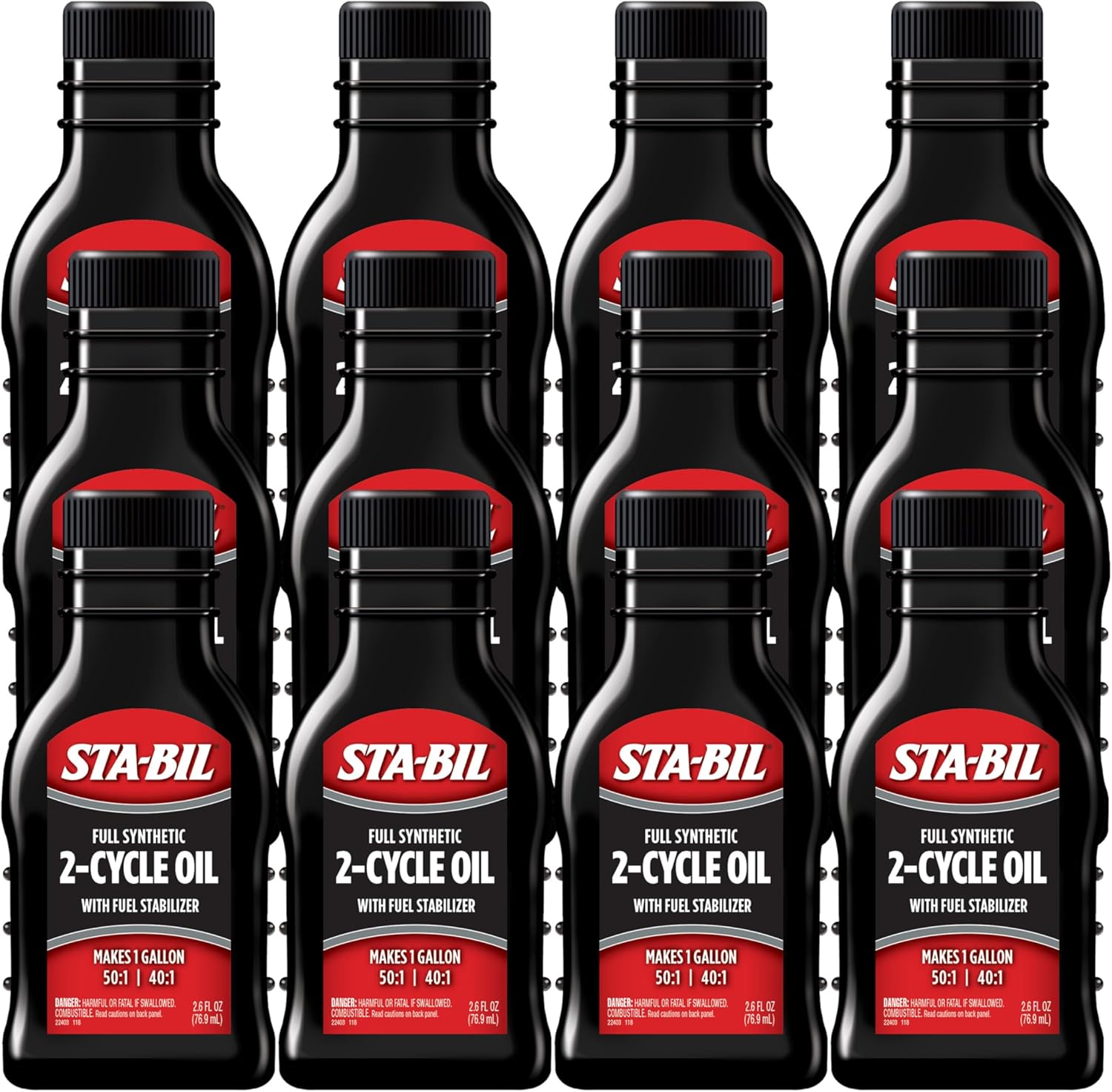 STA-BIL Full Synthetic 2-Cycle Oil - With Fuel Stabilizer For Up To 12 Months Protection - 1 Gallon Multi-Mix - 50:1/40:1 Mix Ratios - Low Smoke Formula, 2.6 fl. oz. (22403-12PK)