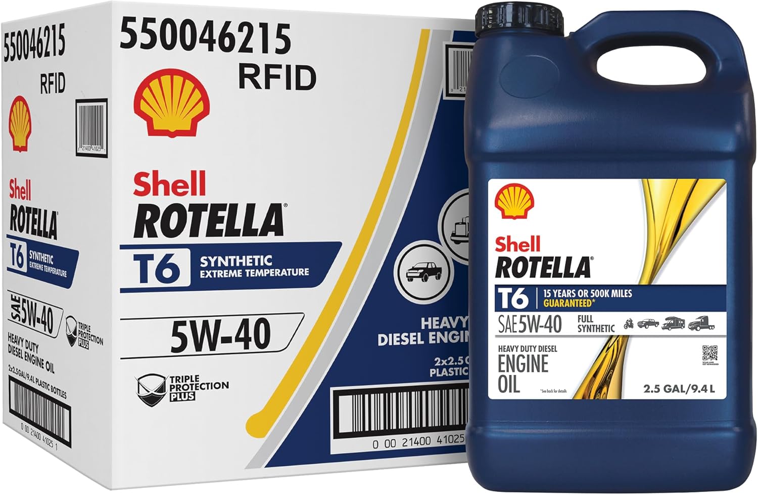 Shell Rotella T6 Full Synthetic 5W-40 Diesel Engine Oil, 2.5 Gallon (2 Pack)