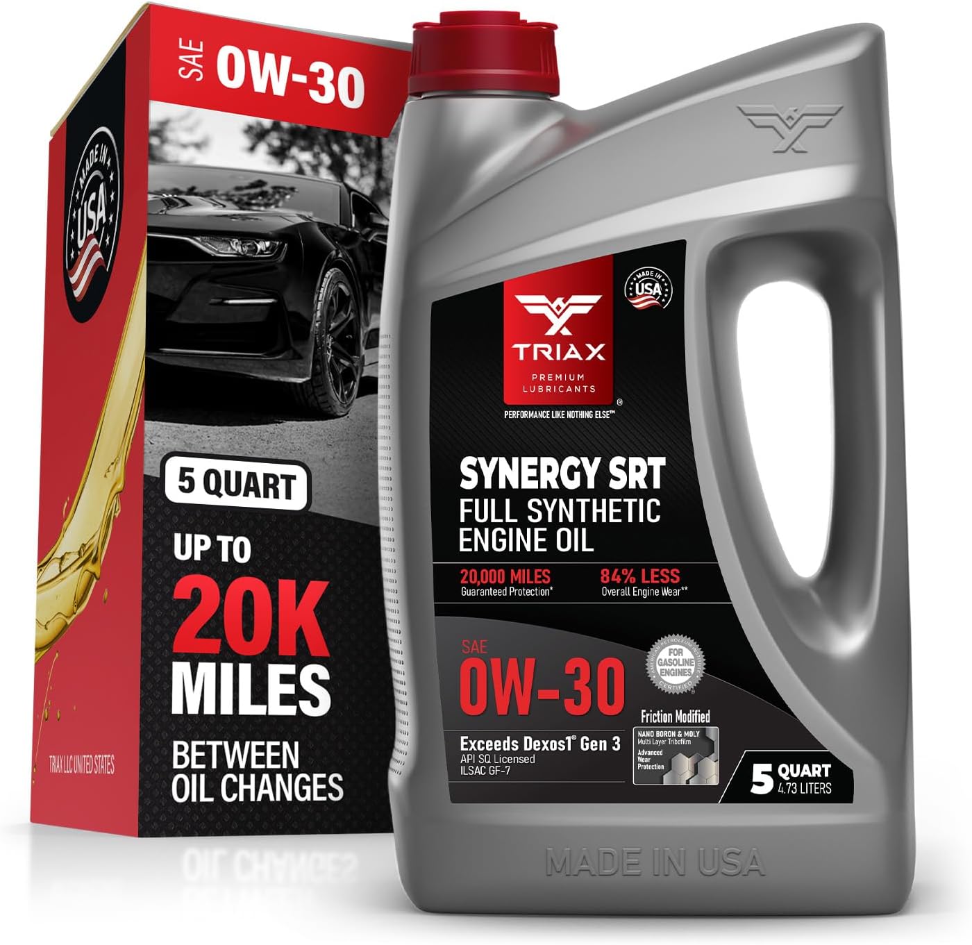 TRIAX Synergy SRT 0W-30 - Full Synthetic, Friction Modified Engine Oil - 20K Miles, API SP Licensed, 3x Wear Protection - Nano Boron and Moly Friction Modified (5 Quart)