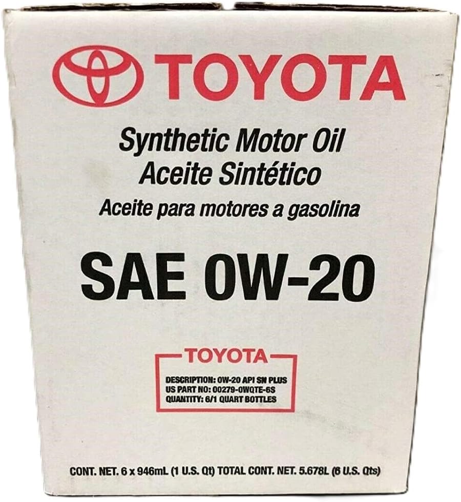 Toyota Genuine Synthetic Motor Oil SAE 0W-20, API SN Plus, 6 Quart Case, for Gasoline Engines
